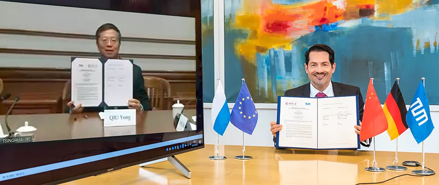 The presidents Prof. Thomas F. Hofmann and Prof. Qiu Yong sign the new partnership agreement during a video conference.